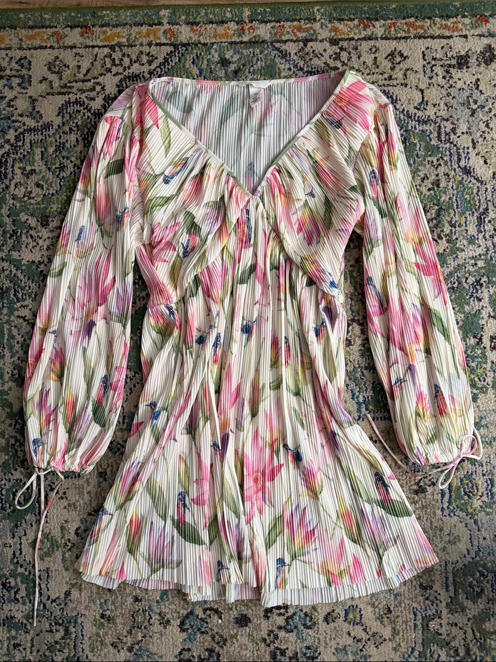 H&M Floral Pleated V-Neck Mini Dress - Pink & Green